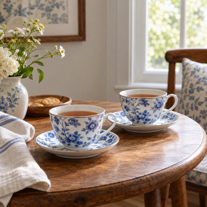 Dovqera Blue Porcelain Tea Cup Set lifestyle view