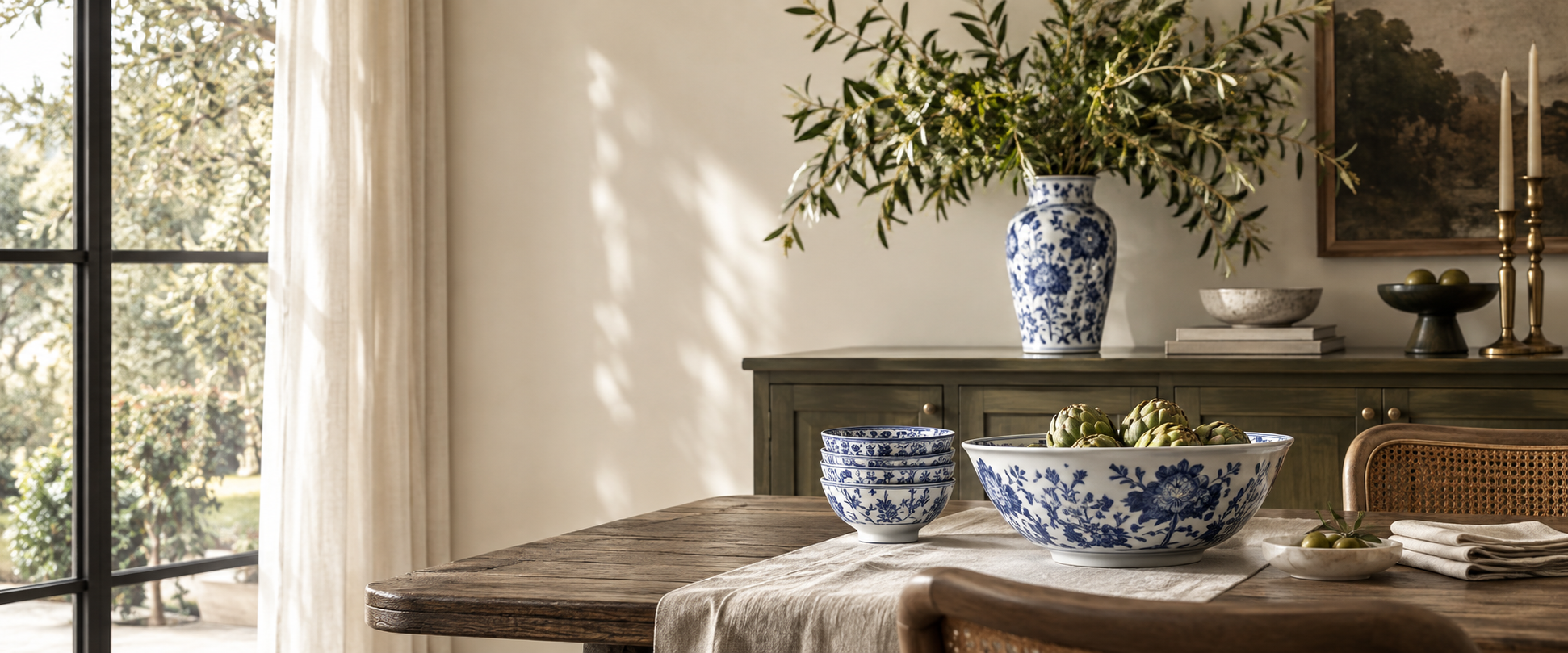 Blue and white porcelain pieces on a quiet modern dining table