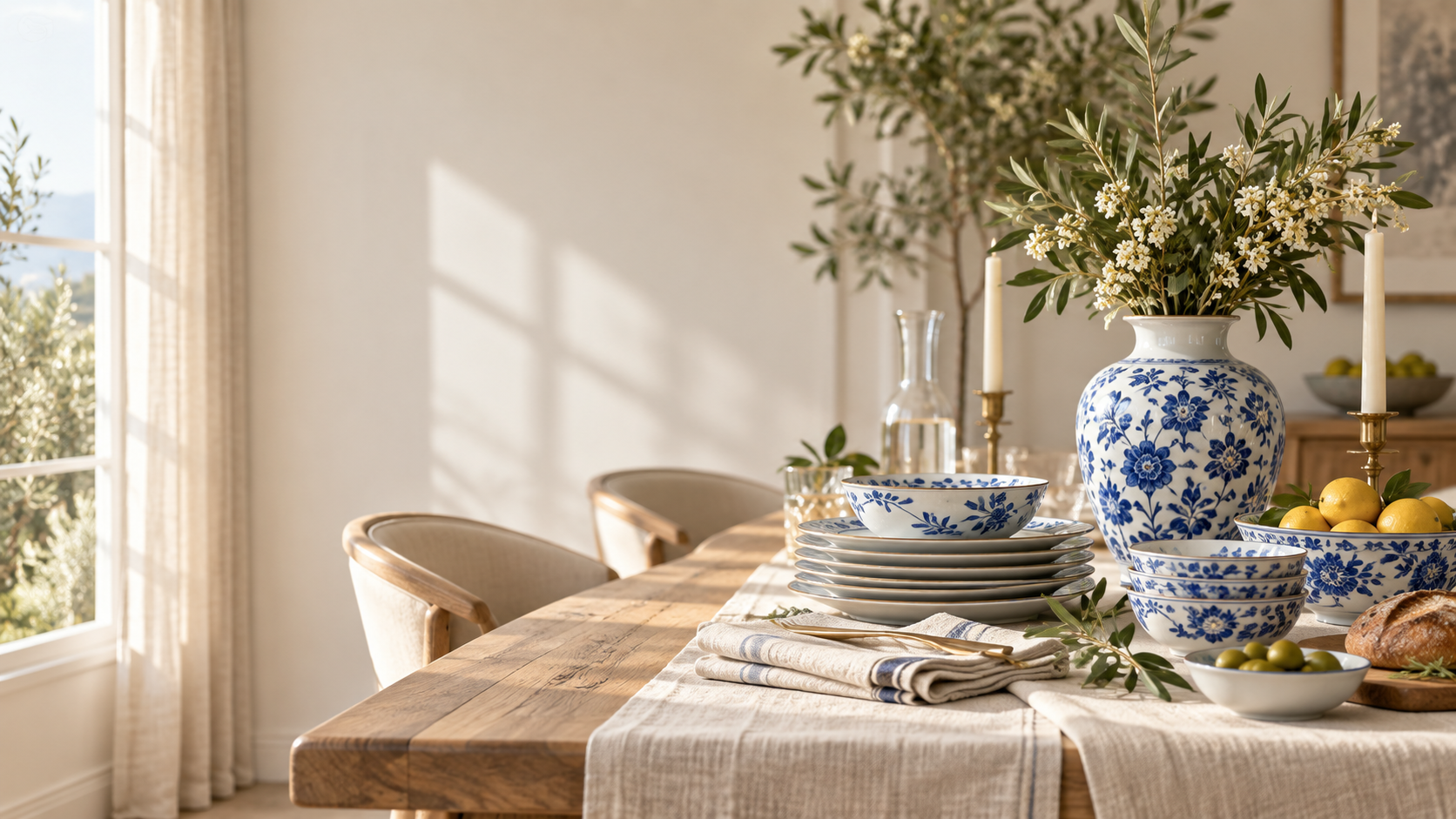 Blue and white porcelain pieces arranged on a warm dining table